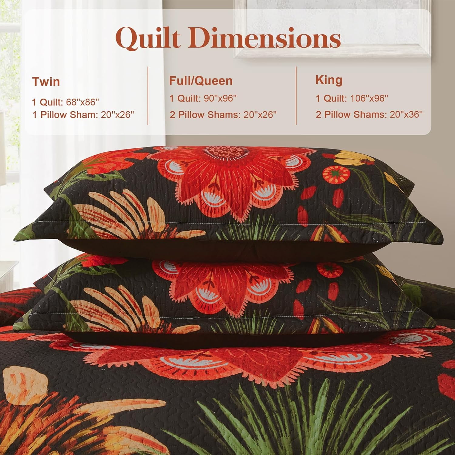 Tyrot 3 Piece Black Boho Floral King Size Quilt Sets Farmhouse Botanical Comforters Bedding King Quilt Sets  96"x106"