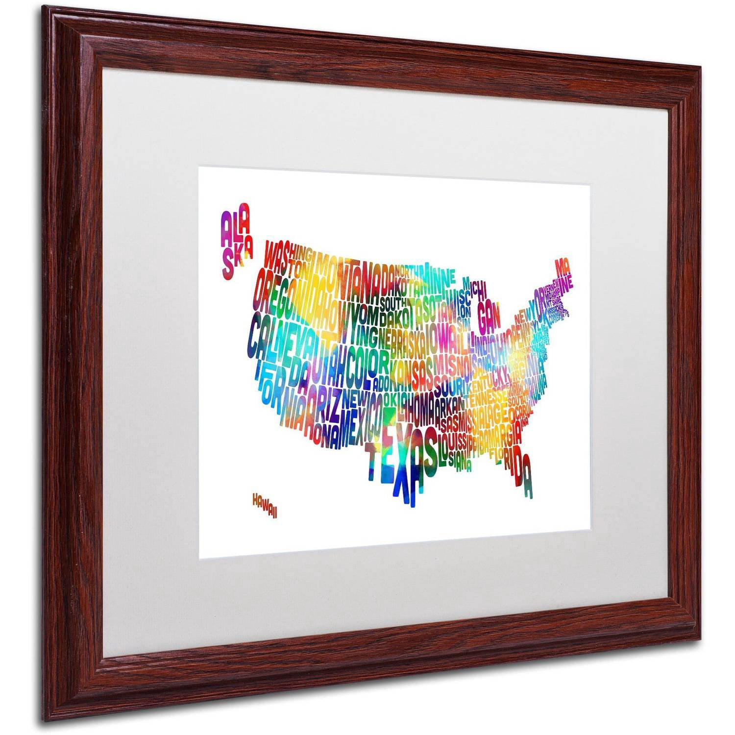 Trademark Fine Art 'United States Typography Map 2' Canvas Art by Michael Tompsett, White Matte, Wood Frame