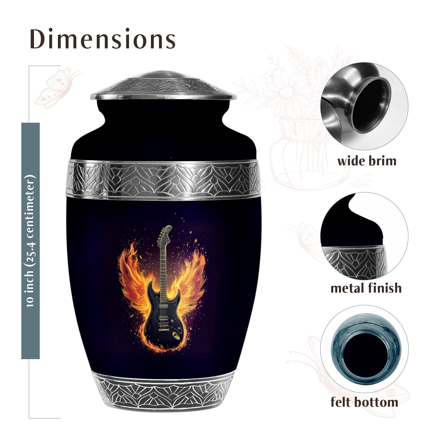 YATSKIA Flaming Angel Wings Guitar Urns For Human Ashes Adult Man And Women, Memorial Urns For Ashes Adult Female And Male, (200 Cubic, Large 10 Inch)