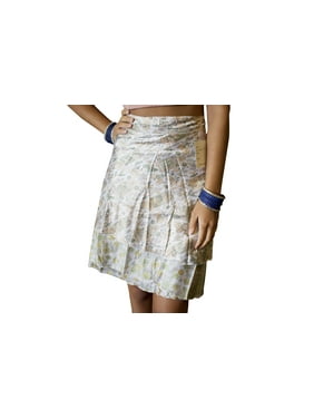 Mogul Women Wrap Skirt Beige Printed 2 Layer Reversible Silk Sari Wrap Skirts Summer Beach Coverup One Size