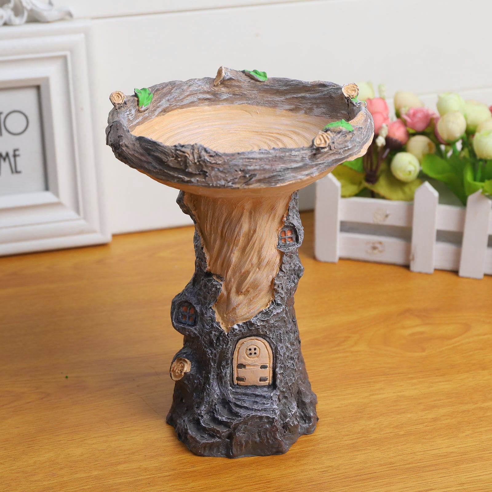 Standing Resin Bird Feeder - Outdoor Birdbath with Flower-Shaped Bowl, Decorative Garden Stake for Patio, Lawn, or Yard, Charming Fairy Garden Statue