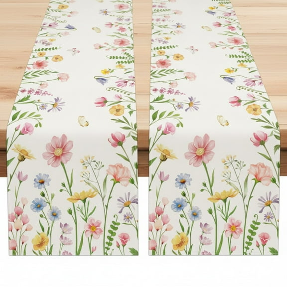 2PCS Spring Floral Table Runner, 13x72 Inches Long Spring Summer Easter Flower Floral Kitchen Dinning Table Decoration for Indoor Outdoor Home Party Decor