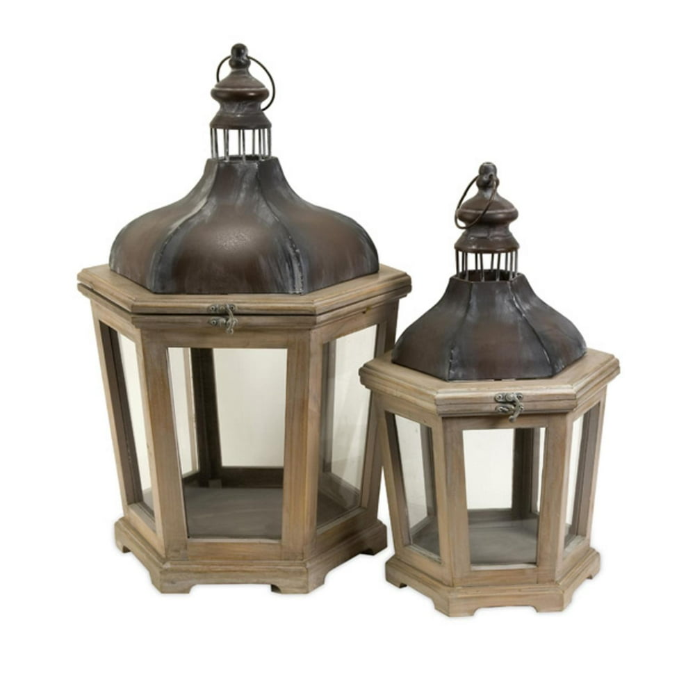 Set of 2 WhiteWashed Wood Pillar Candle Lanterns with Aged Metal
