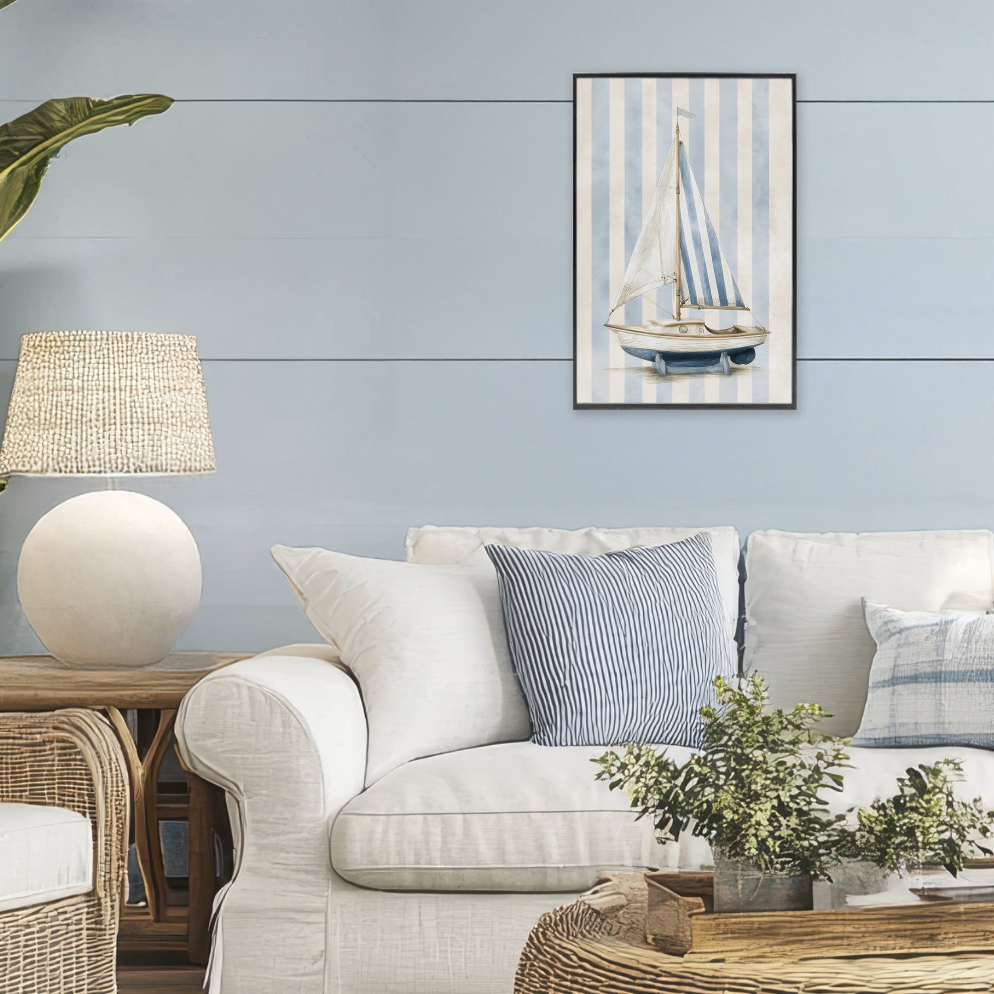 Stupell Industries Seaside Stripes Sailboat Black Framed Giclee Art, design by Petal Prints Design