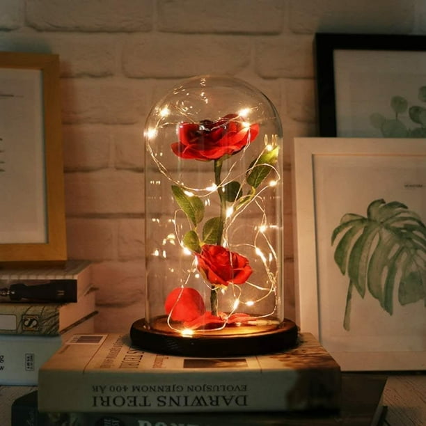 Beauty And The Beast Rose Decor Light Eeekit Enchanted Red Rose Glass Dome Led Fairy String