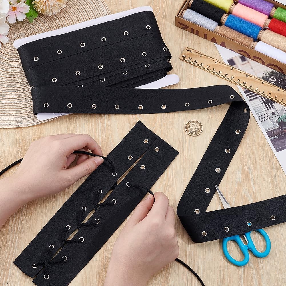 1set 15 Yards Polyester Ribbons with Stainless Steel Eyelet Rings for Garment Accessories Black 1-1/2 inch(39mm)