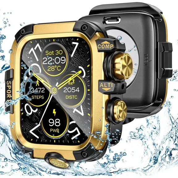 [2 in 1] Case for Apple Watch Series 9 Series 8 Series 7 45mm with Tempered Glass Screen Protector Waterproof Cover, 360° Protective Rugged Metal & PC Bumper for iWatch, 45mm
