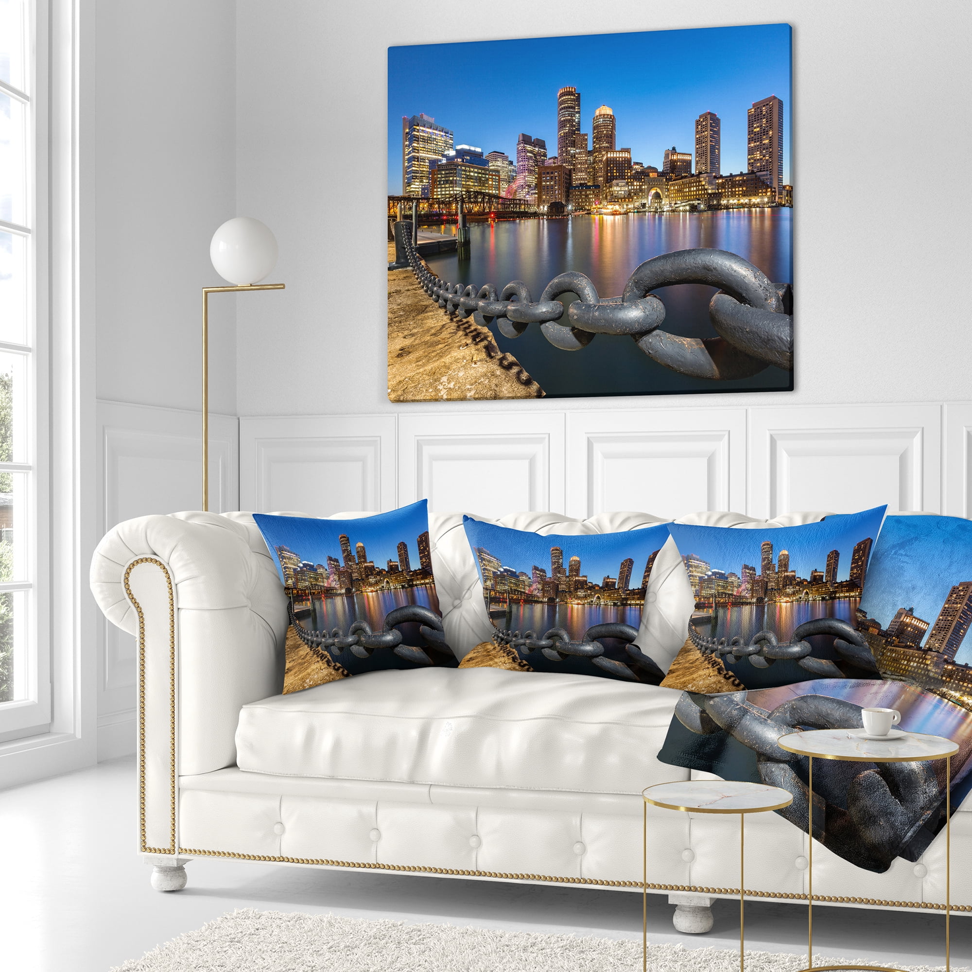 Designart Boston Skyline at Dusk - Cityscape Photo Throw Pillow - 18x18