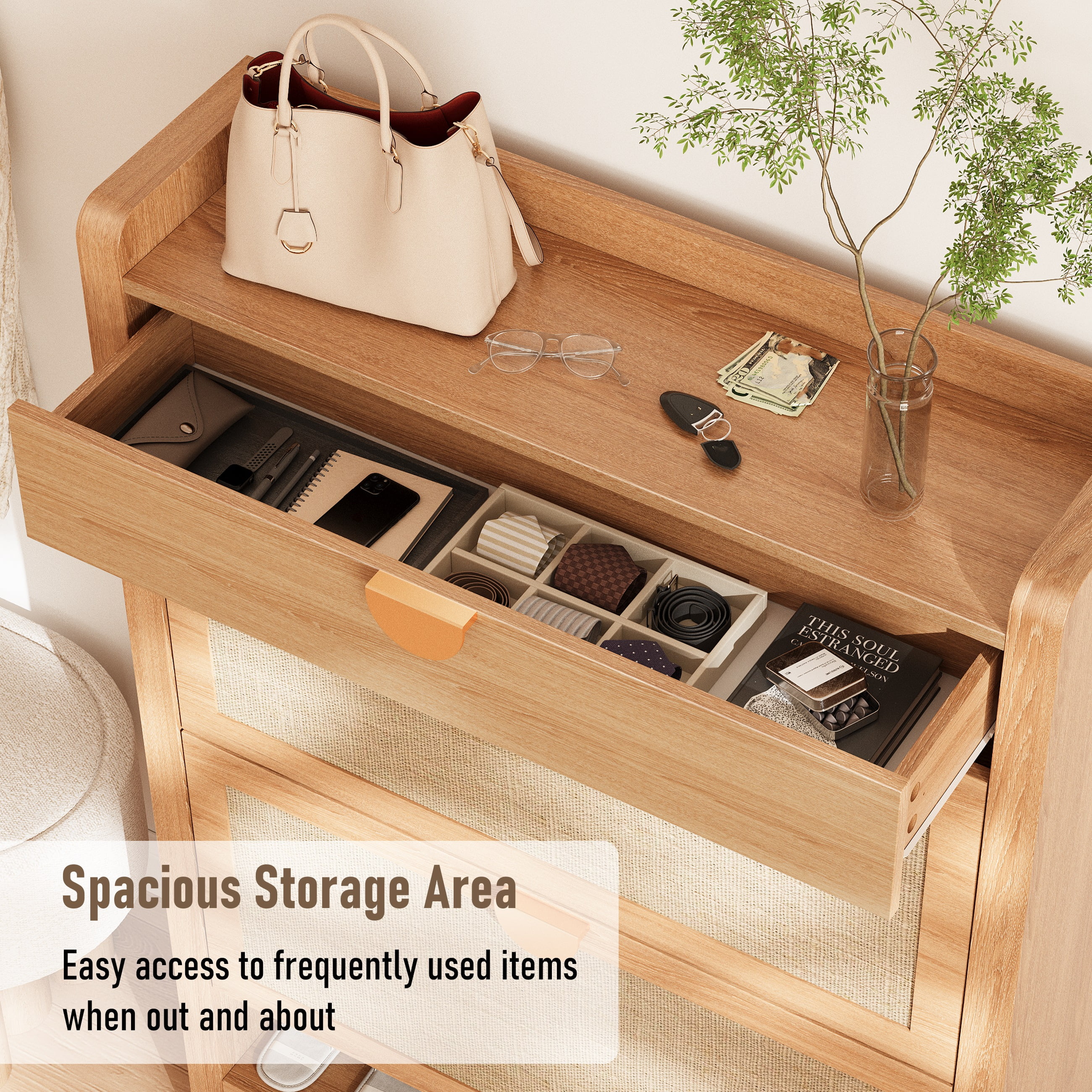 Shoe Cabinet with 2 Flip Drawers, Entryway Storage Organizer, Hidden Shoe Rack Narrow Freestanding Design Natural Oak