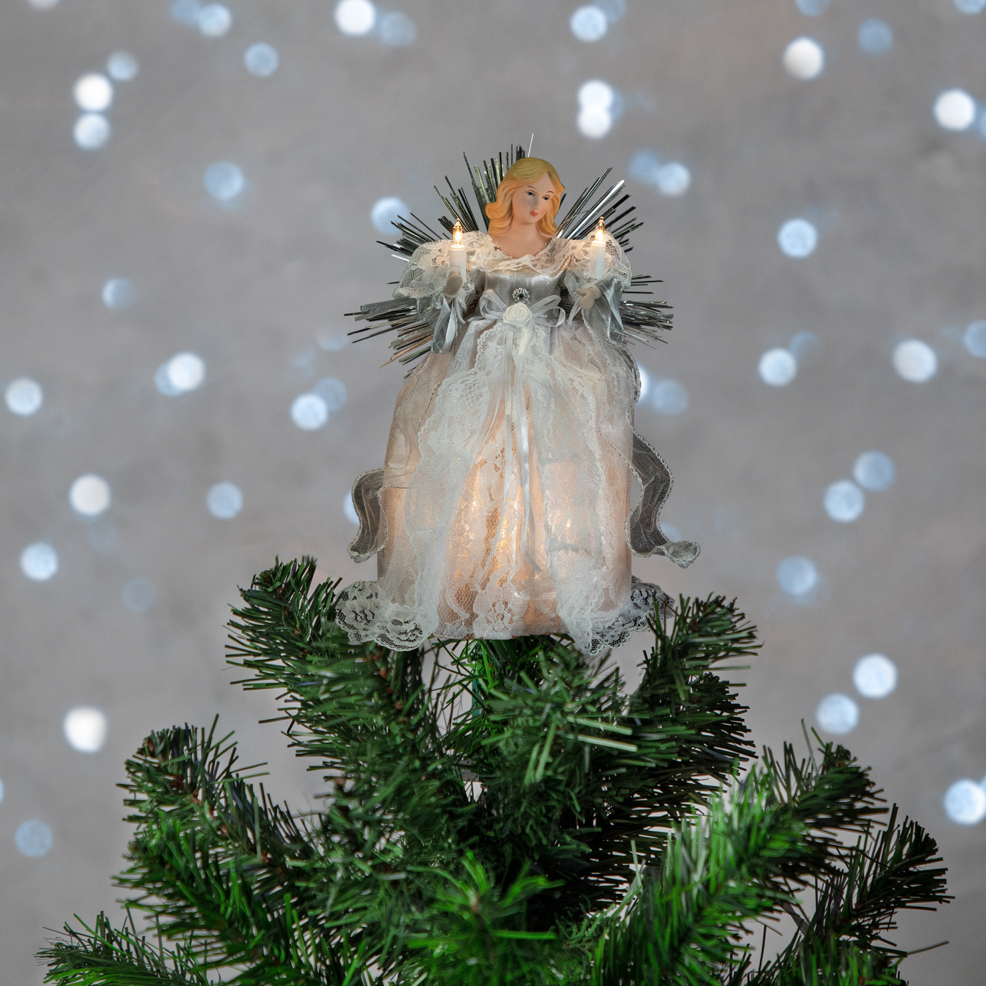 Northlight Lighted Angel with Candle Christmas Tree Topper - 10.5” - Silver - Clear Lights