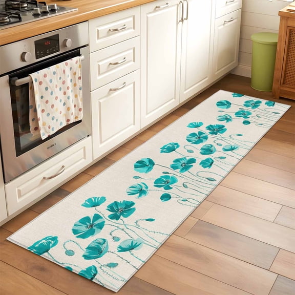 2'x6' Rug Runners for Hallways Kitchen, Turquoise Flowers Non Slip Entryway Beside Floor Carpet Runner, Spring Retro Watercolor Botanical Floral Laundry Room Bedroom Throw Rugs Mat for Family Pet