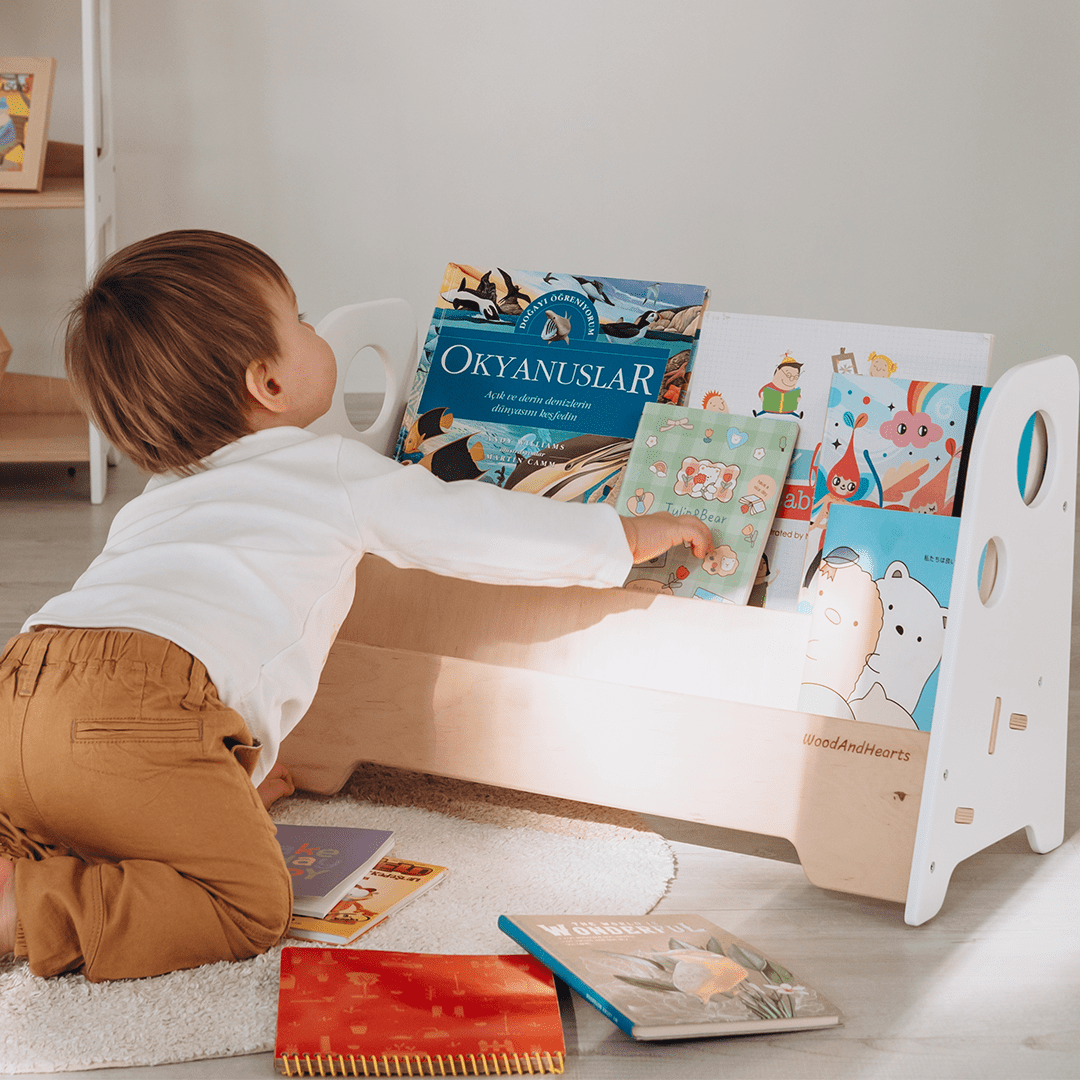 WoodandHearts Montessori Wooden 2-Shelves Adam Floor Bookshelf for Toddlers, White and Natural Wood
