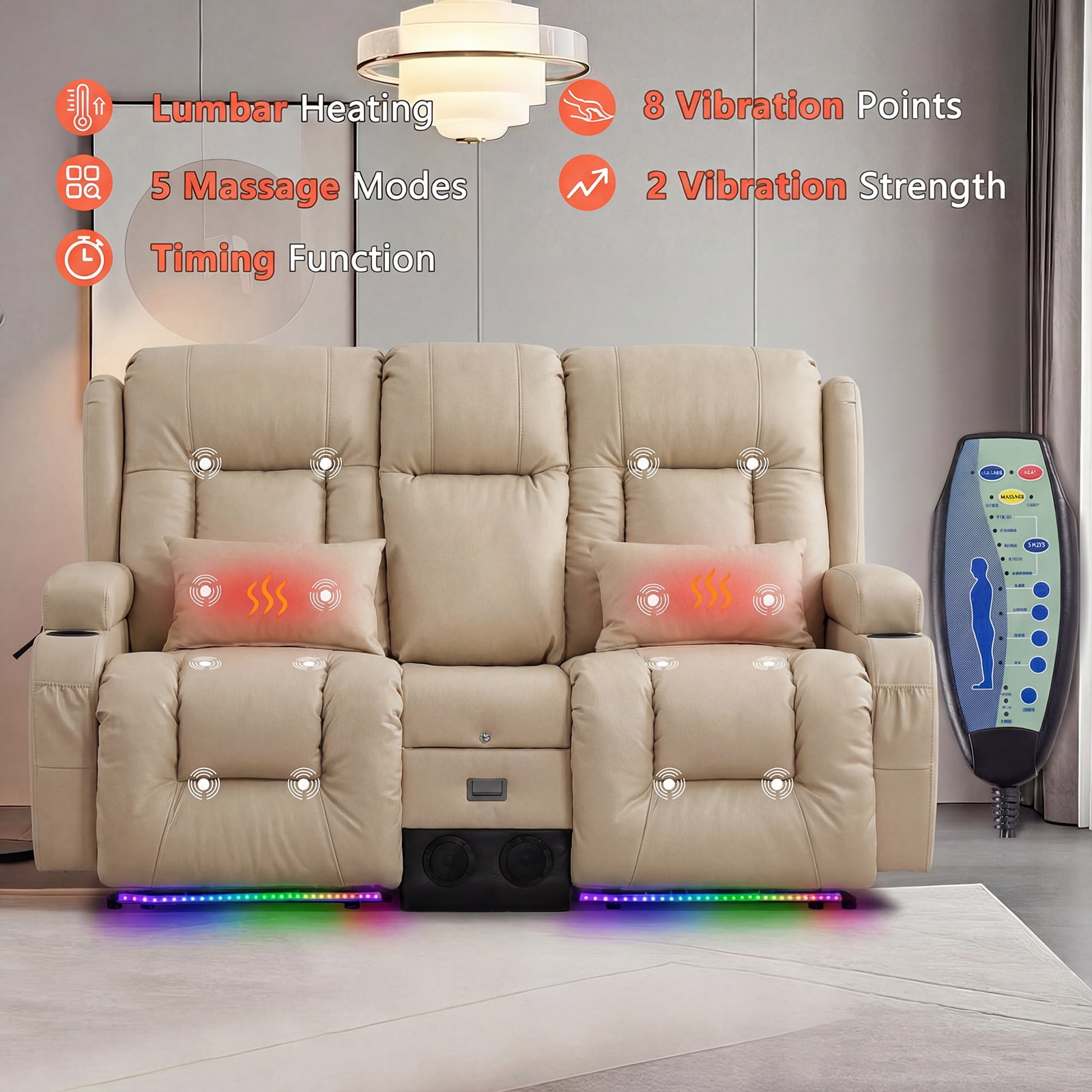 IPKIG Sand Color Power Recliner Loveseat Sofa w/ Massage, Heat, LED Lights, Bluetooth Speakers, USB Ports, Power Outlets Console for Home Theater & RV