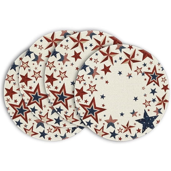 Shipiny 4th of July Patriotic Placemats Set of 4, 14x14 Inches Round Red White Blue Star Pattern, Washable Heat Resistant Non Slip Table Mats for Home, M