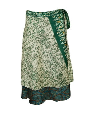 Mogul Women Green,Blue Magic Wrap Skirt 2 Layer Printed Indian Vintage Sari Reversible Beach Wear Wrap Around Skirts