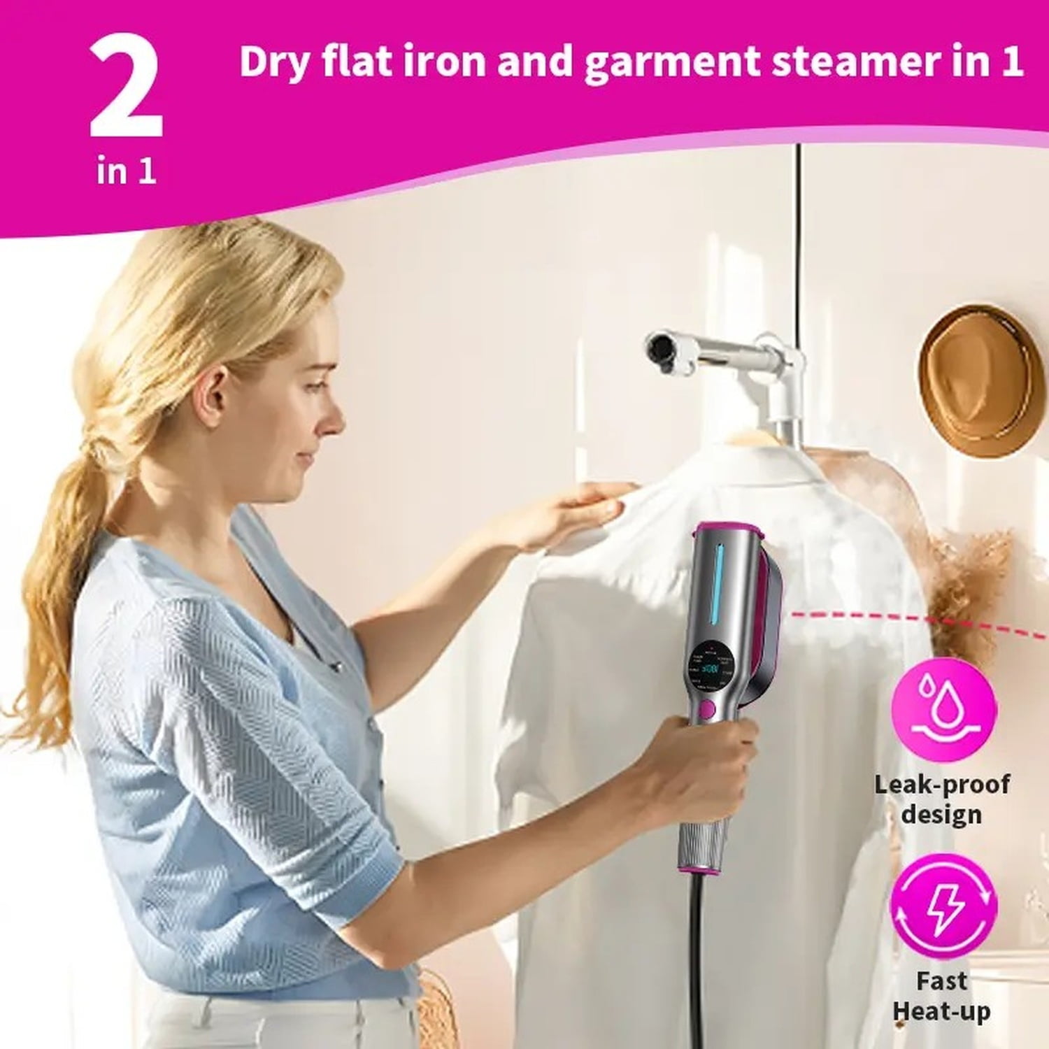 Dr  Flash 7-Mode Handheld Garment Steamer, 1200W Portable Travel Steamer with LED Display and 90-Degree Rotatable Handle