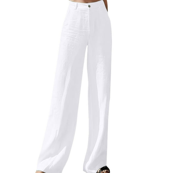 bbymog Flowy Pants for Women Fashion Summer Cotton and Linen Full Length Pants with Pockets Casual Loose Palazzo Pants for Women White B S