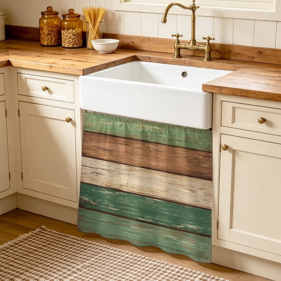 Farmhouse Dark Sage Green Brown Cabinet Curtains 35"W x 35"L, Vintage Wooden Striped Sink Skirt for Bathroom Vanity Kitchen Self Adhesive, Dust-Proof Privacy Curtain for Shelves Closet Laundry Pantry