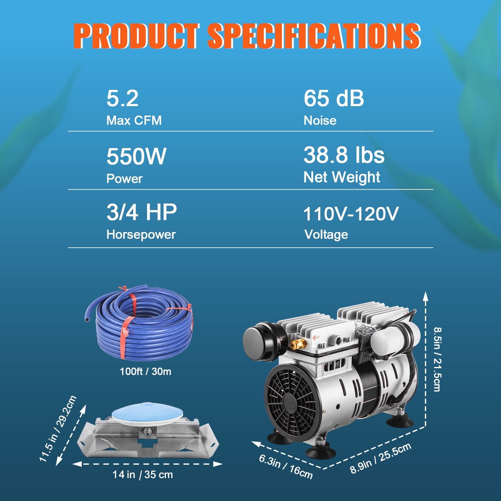 VEVOR Pond Aerator Lake Pond Aeration Kit w/ 3/4 HP Pump 100' Tube 10" Diffuser, 550W Power, 5.2CFM for Up to 3 Acre 50' Lake, Air Compressor for Deep Water Oxygen Circulation