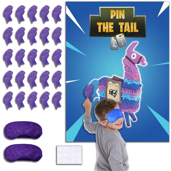 Battle Royale Party Favors – Pin The Tail on The Llama Party Game for Kid's Birthday Celebration | Poster with 24 Tail Stickers & 2 Masks