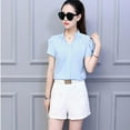 thumbnail image 1 of Spring Autumn Tops Office Ladies Blouse Fashion Short Sleeve V-Neck Slim Petal Sleeve Work Blouses, 1 of 8