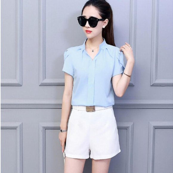 Spring Autumn Tops Office Ladies Blouse Fashion Short Sleeve V-Neck Slim Petal Sleeve Work Blouses