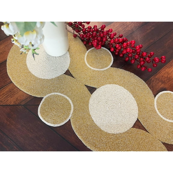 Handmade table runner, beaded table runner, cream and gold bead runner, 13x36inch