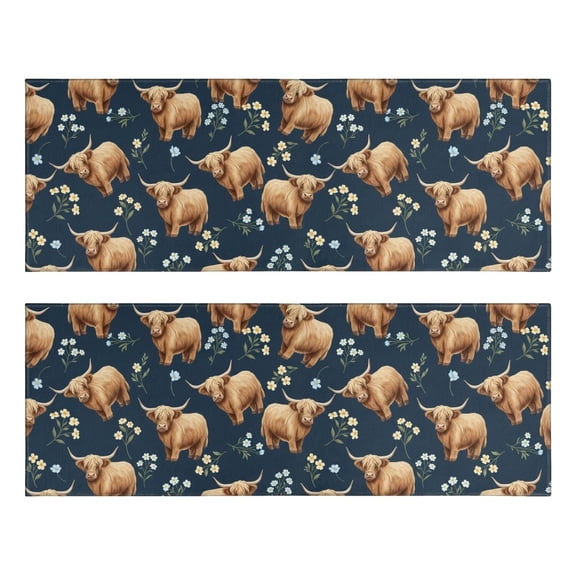 Highland Cow and Flower Print Anti Fatigue Kitchen Rugs Set Of 2, Non Slip Washable Decorative Floor Mats for Sink Laundry and Home Use, 17"x47"