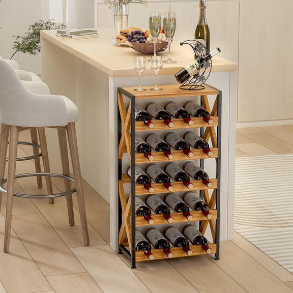 20 Bottle Wine Rack Freestanding Floor with Wood Top,Wobble-Free 5 Tier Wine Display Storage Stand Shelf,Stackable Modular Wine Bottle Holder Rack for Kitchen,Cellar,Living Room