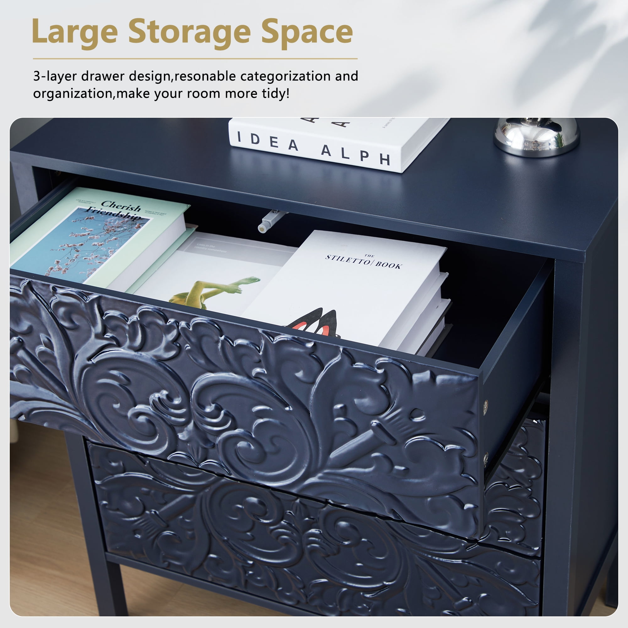Wirrytor 3 Drawer Dresser for bedroom, Modern Chest of Drawers with Handles, Accent Wood Storage Cabinet for Bedroom, Living Room and Kitchen (Blue 3-Drawers-1)