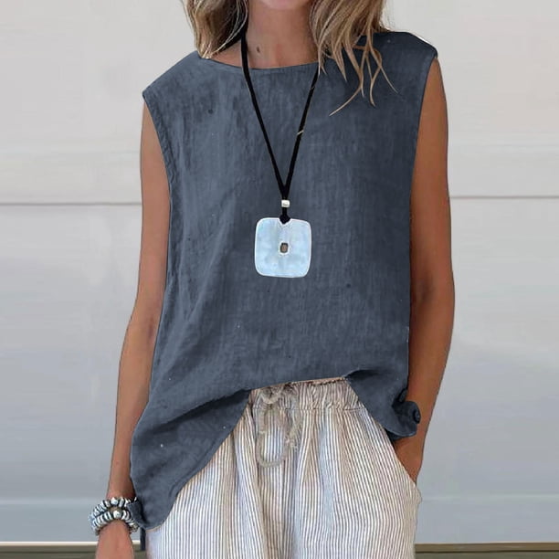 Craaazy Women Casual Sleeveless Tank Top, Solid Color Loose Fit Round Neck Vest, High Low Hem Asymmetric Top for Daily Wear Gifts