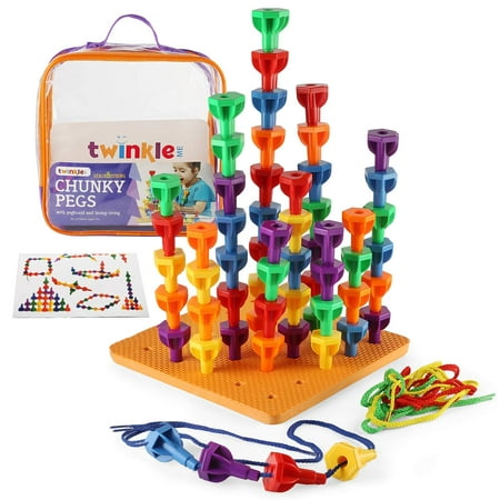 Twinkle me Pegs Board Game Set - 60 Chunky Pegs W/ Board & Storage Bag W/ Handle Easy to Carry. for Motor Skills Sorting Counting Color Recognition Occupational Therapy Toddler and