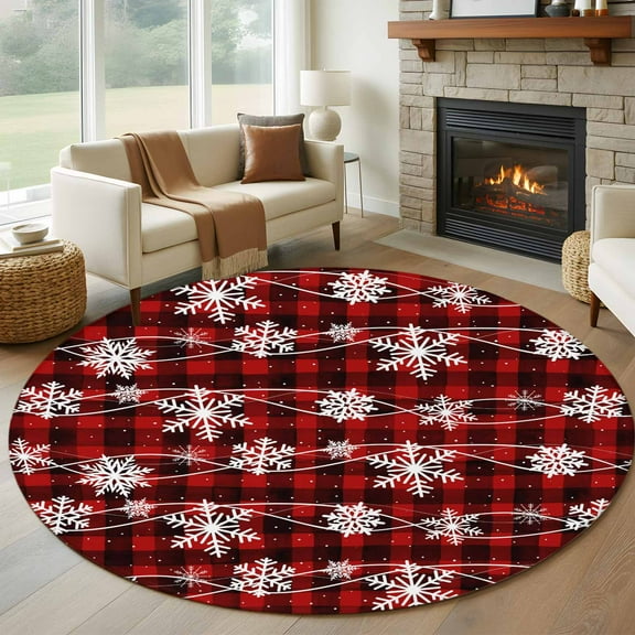 Christmas Round Rug 5ft Washable Circle Kitchen Rugs Non Slip Black Red Buffalo Plaid Winter Xmas Snowflake Large Area Rug Indoor Floor Carpet for Bedroom Living Room Home Office Dining Room Nursery