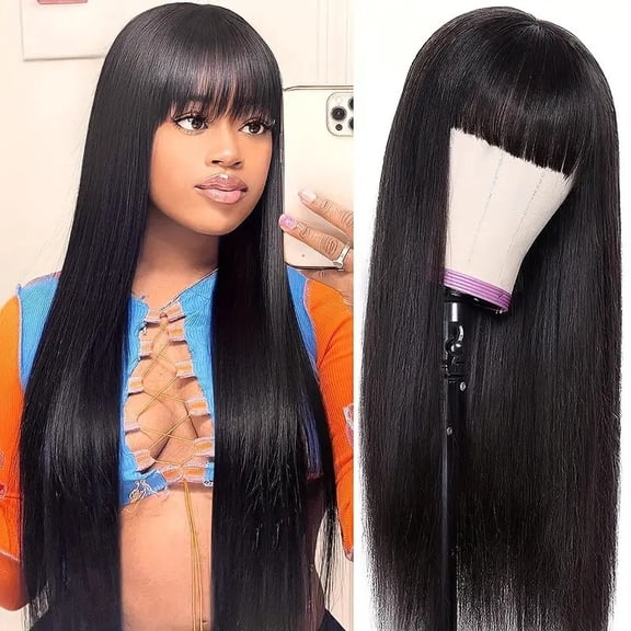 Long straight hair African-style bangs synthetic full-head wig