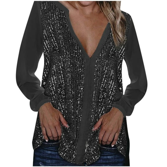 Women Sequins Top Long Sleeve Shirt V-neck Shiny Sequined Shirt Casual Tops Workout Blouse Loose Party T-shirt