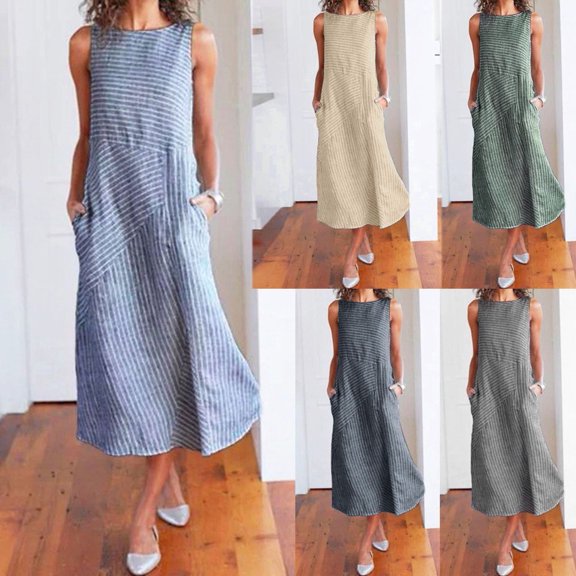 Antinious Womens Dresses for Party,Ladies Casual Beach Dress,Fashion Women Casual Round Neck Printing Summer Sleeveless Dress,Navy,XXXXL