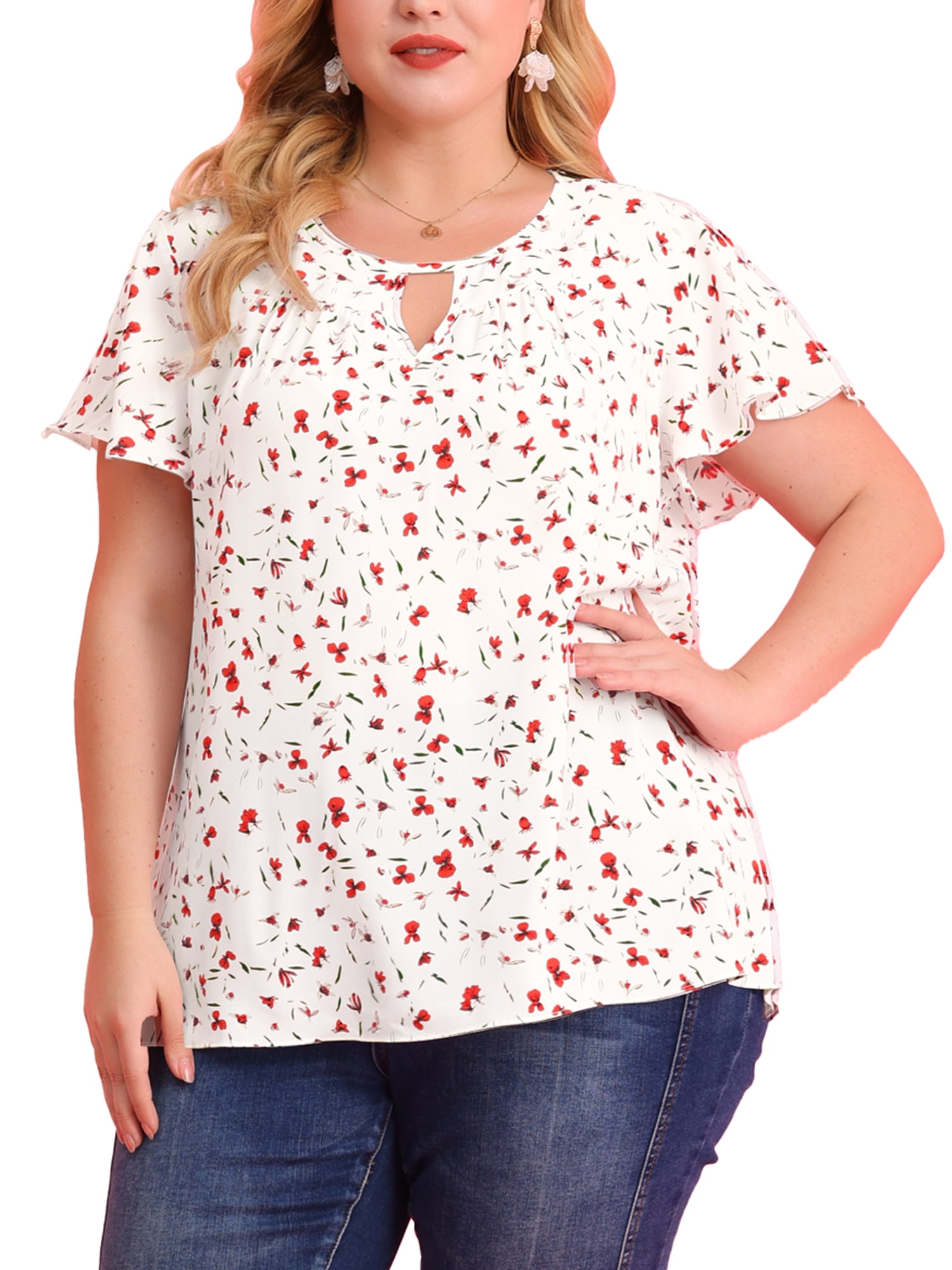 Unique Bargains Women's Plus Ruffle Short Sleeve Keyhole Crew Neck Chiffon  Blouse Top - Walmart.com