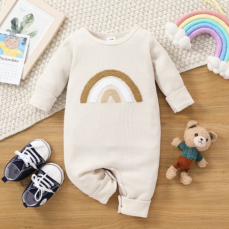 

PatPat Newborn Baby Boys Rainbow Embroidered Romper Long Sleeve Waffle Plaid Bodysuit Jumpsuit Infant Knitted One Piece Winter Outfit Clothes Base Layer 0-18Month