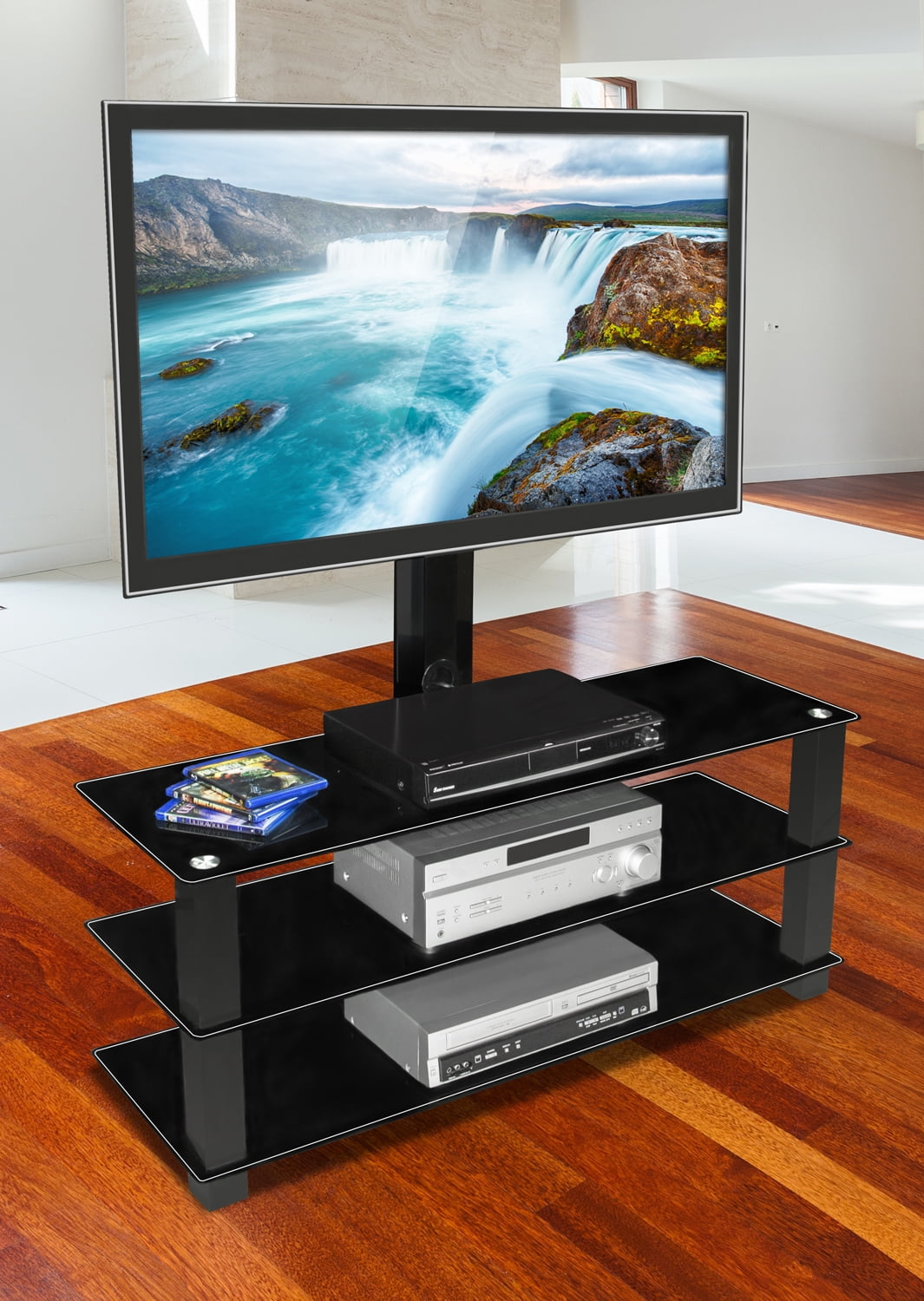 MountIt! TV Stand with BuiltIn Bracket and Three Glass Shelves for 32