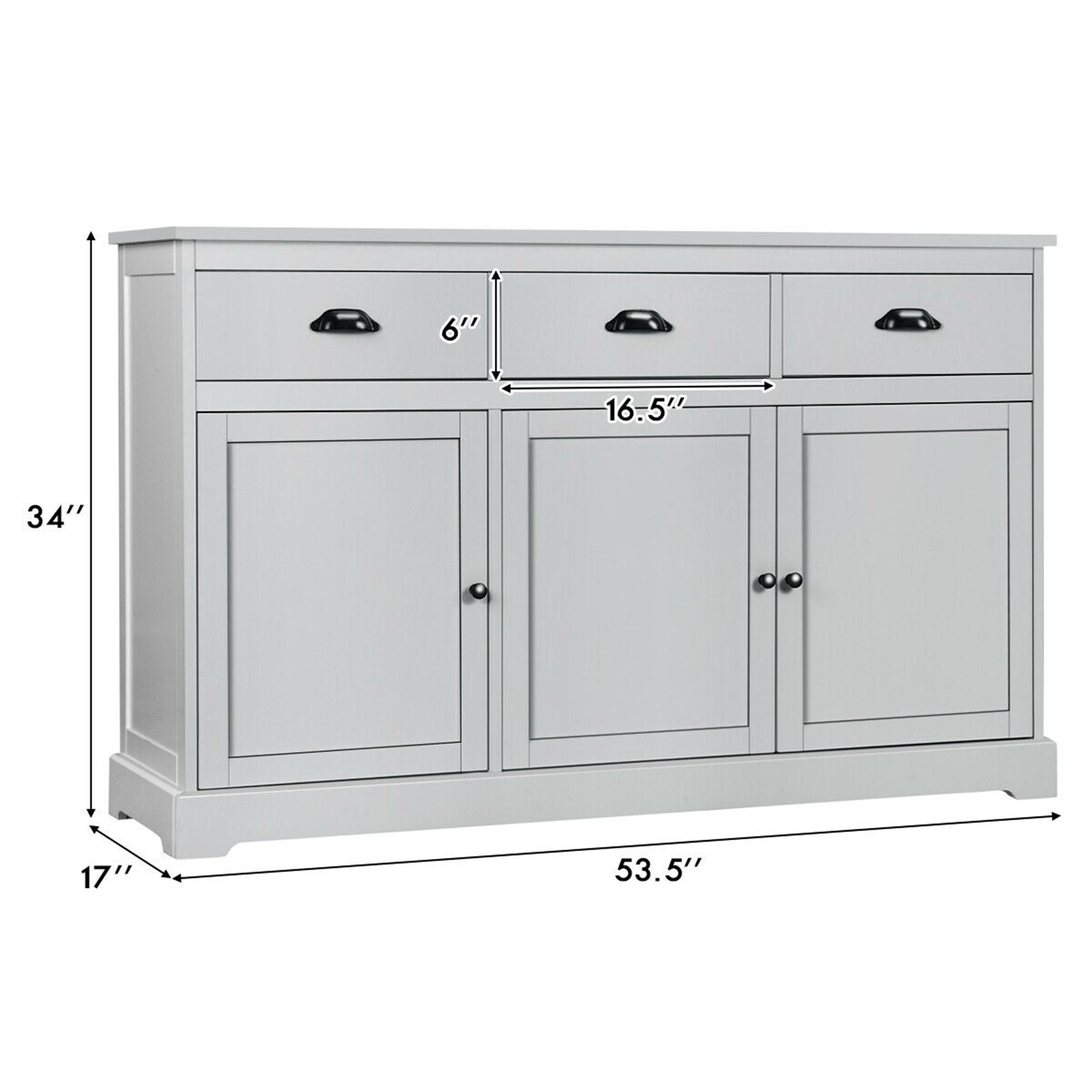 Gymax 3 Drawers Buffet Cabinet Sideboard Console Table Kitchen Storage Cupboard Gray