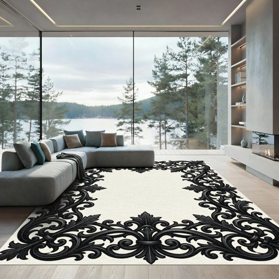 ODIKA 4' x 6' Machine Washable Non-Slip Area Rug, traditional bordered High Traffic Rug, White, 979213