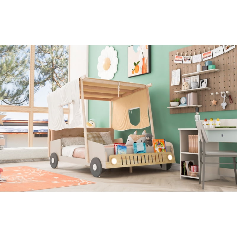[Luckynote]Wood Full Size Car Bed with Pillow, Ceiling Cloth and LED, Natural