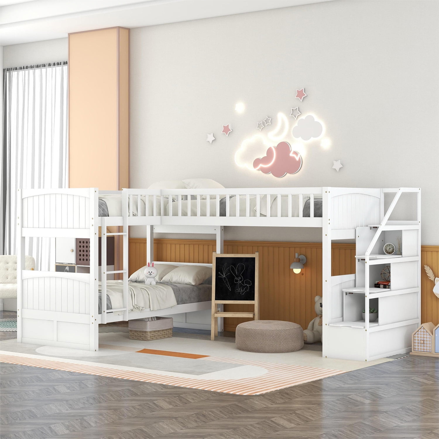 Twin Over Twin Triple Bunk Beds, LShaped Bunk Beds for 3 with Storage