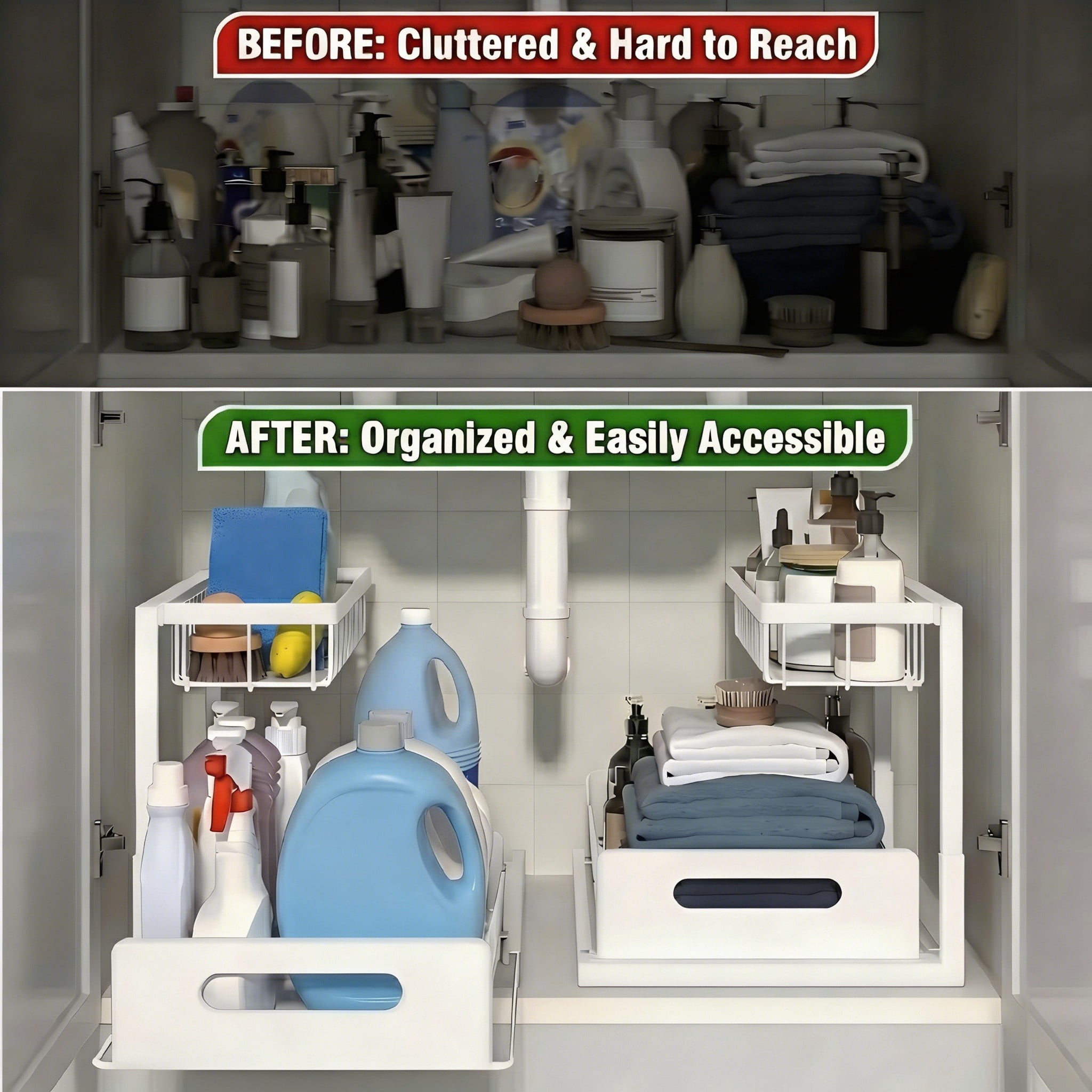 L-Shaped Under Sink Organizer, 2 Tier Pull Out Cabinet Organizer, Heavy Duty Metal Storage with Slide Out Drawer, Holds 50 Lbs, Rust-Proof Bathroom & Kitchen Sink Rack, White