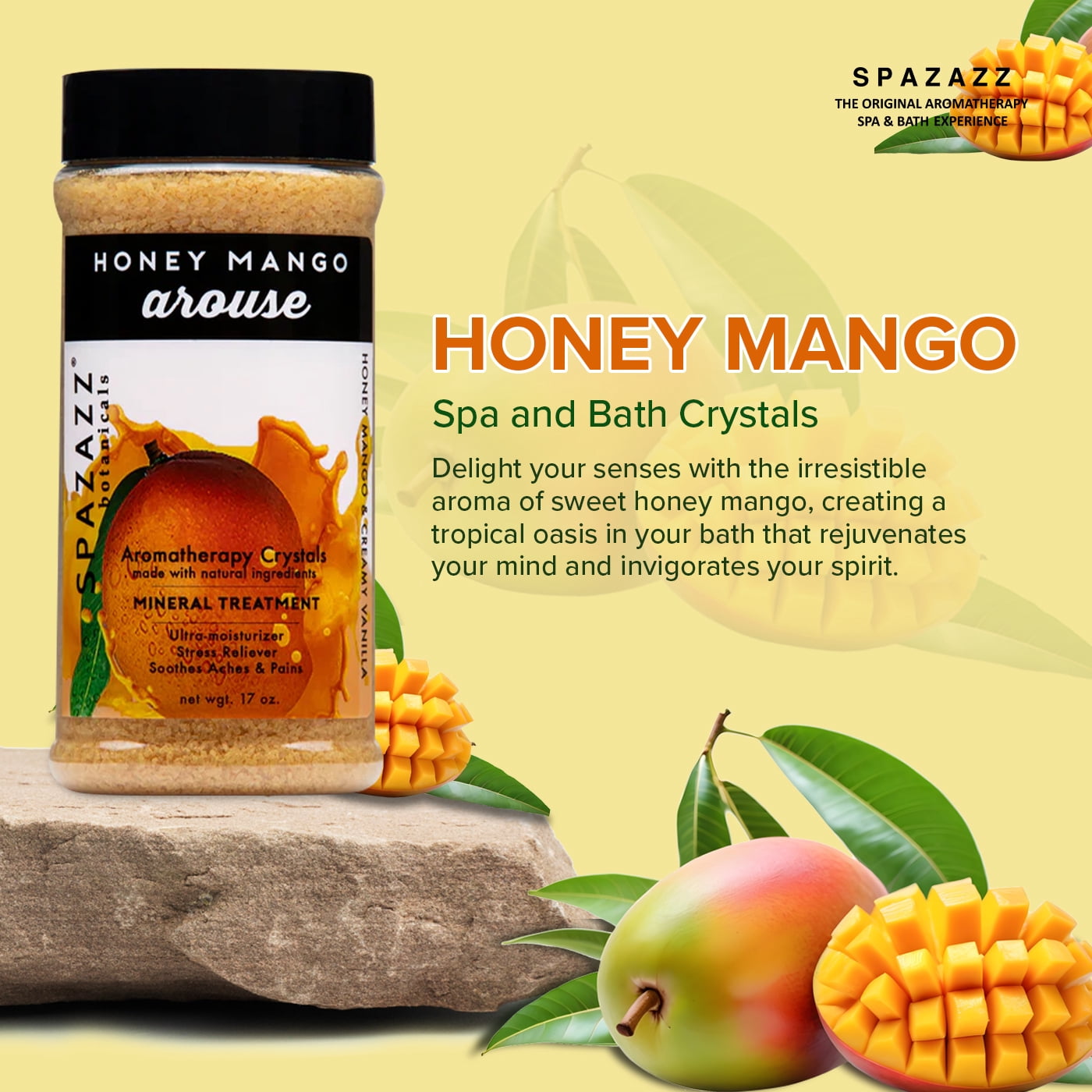 Spazazz Botanicals Aromatherapy Honey Mango - Arouse Spa and Bath Crystals, 2 Pack - 17 oz. Crystals and Bath Salts for Hot Tub and Bathtub Spa - Aromatherapy Scented Salts for Relaxation!