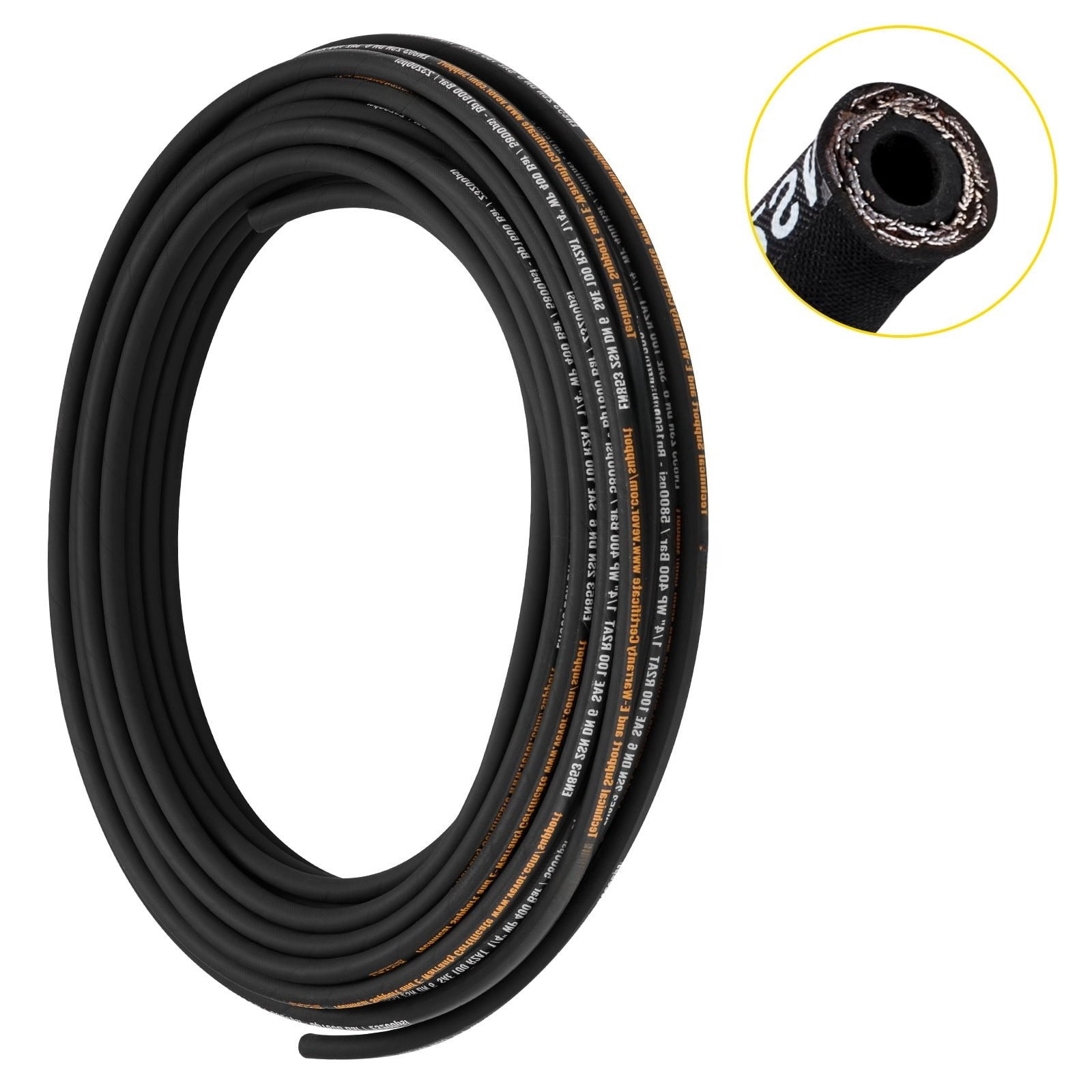 Hydraulic Hose 1/4" x 100 ft, 5800 PSI SAE 100R2 Rubber Hose, 2-Wire Braided High Pressure Hydraulic Oil Hose, -4°F to 284°F Temperature Range, Bulk Reel