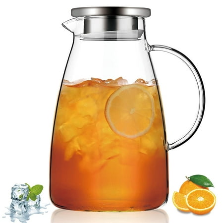 ReaNea 2000ml Glass Water Pitcher with Stainless Steel Lid, Great for Juice, Milk, Beverage Cold Tea, Ice Tea