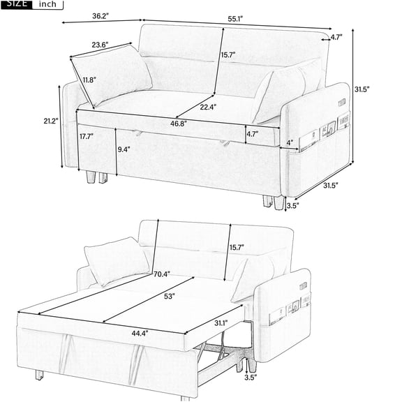 JERFIT 55" Convertible Sofa Bed Loveseat with USB Charging, Adjustable Backrest, Storage Pockets & Pillows for Small Spaces, Beige Microfiber
