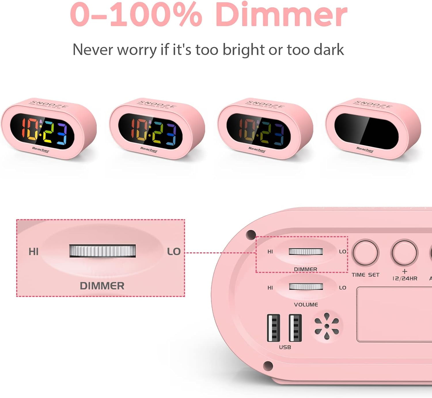 Pink Girls Alarm Clock Dimmable Colorful LED Digital Display USB Phone Charger Port Simple Operation for Kids Adults Adjustable Volume Snooze Small Size Bedrooms Bedside Desk