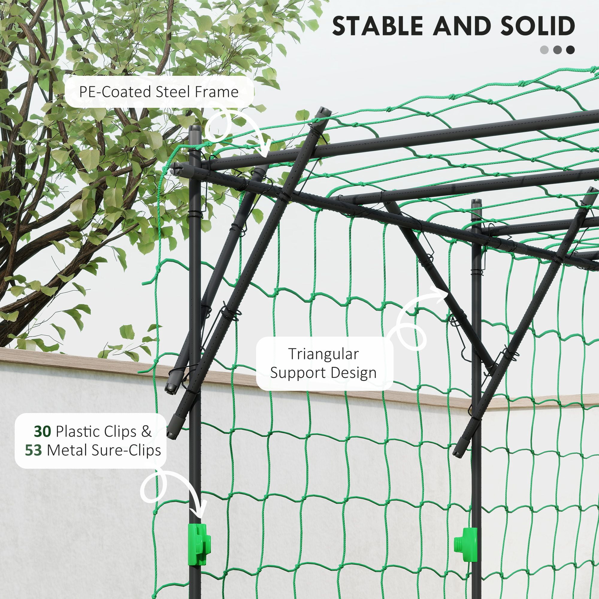 Outsunny 7.3 FT Garden Arch Trellis, Black PE-Coated Steel Plant Support with Climbing Net, Large Vegetable Trellis for Cucumber and Tomato in Backyard, Patio or Lawn